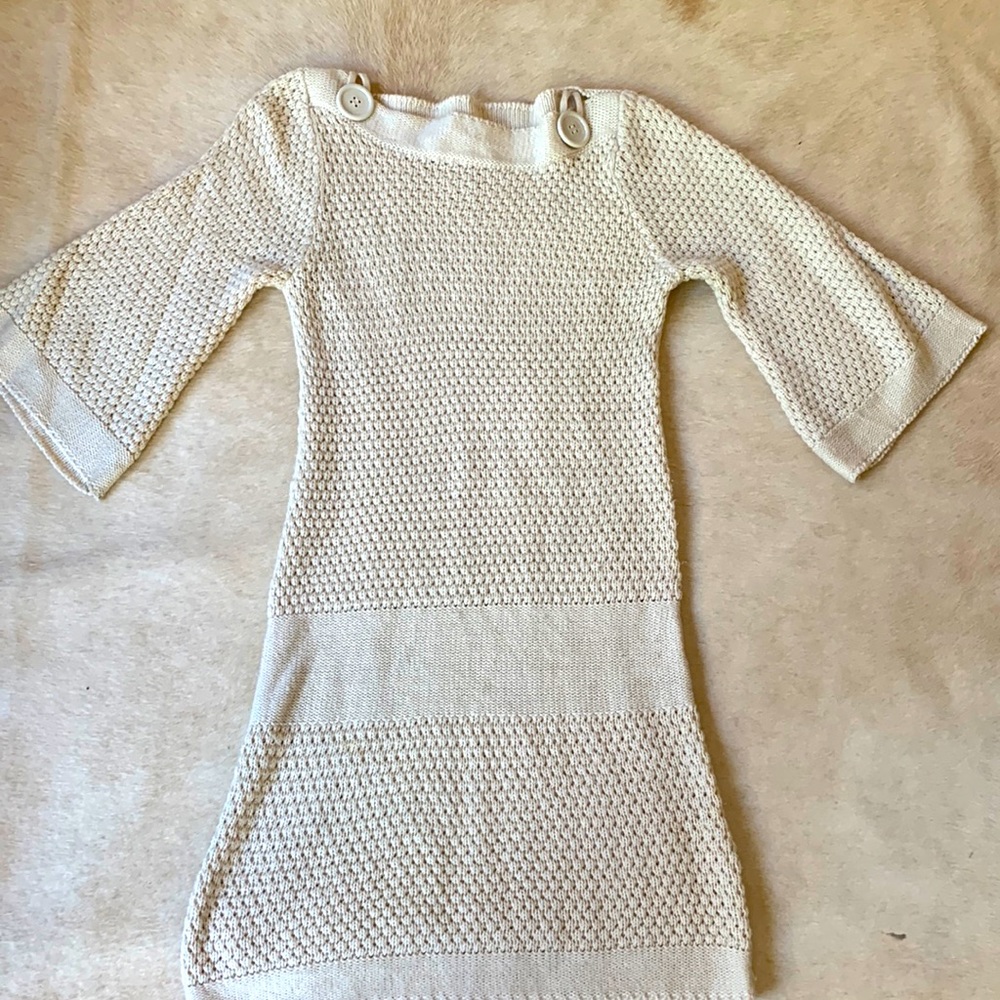 Loose Knit Cream Color Mini Sweater Dress with Bell Sleeves